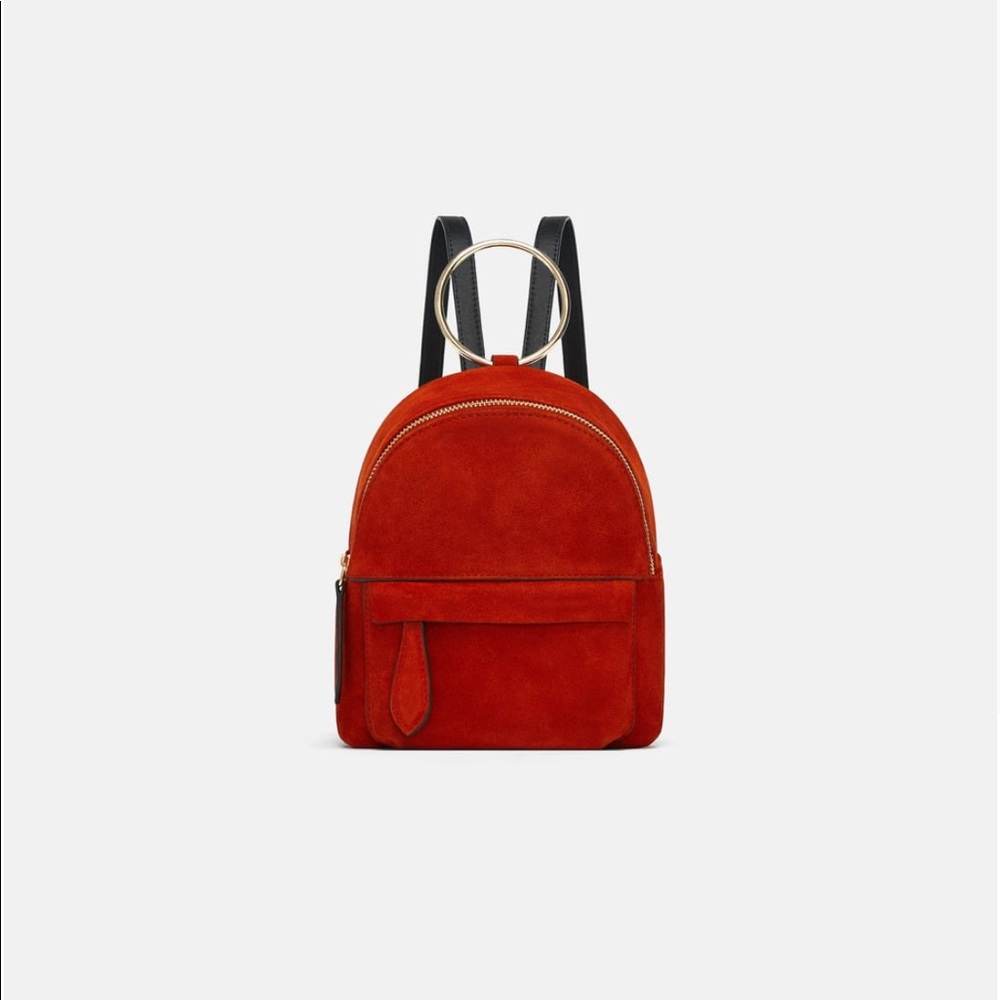 NWOT Zara Mini Suede Backpack Gold Ring, Rust Blk - Picture 4 of 8
